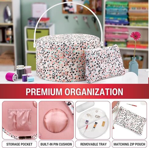 SINGER Large Premium Round Sewing Basket Paisley Floral Print with Matching Zipper Pouch in Kuwait