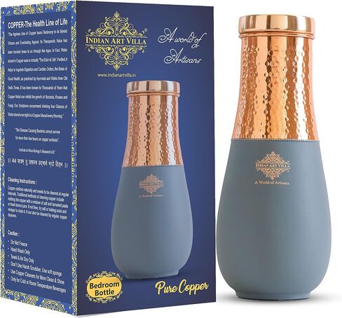 Indian Art Villa Pure Copper Half Hammered and Green Silk Finish Vase Shape Bedroom Bottle, Volume- 48 Oz in Saudi Arabia