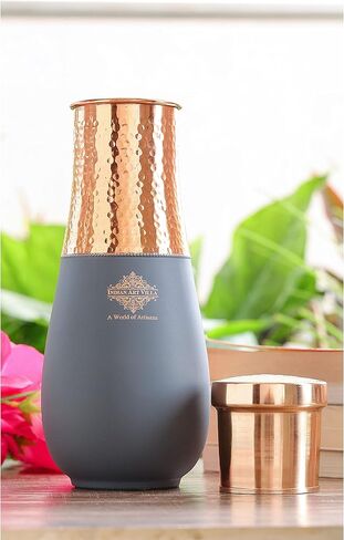 Indian Art Villa Pure Copper Half Hammered and Green Silk Finish Vase Shape Bedroom Bottle, Volume- 48 Oz in Saudi Arabia