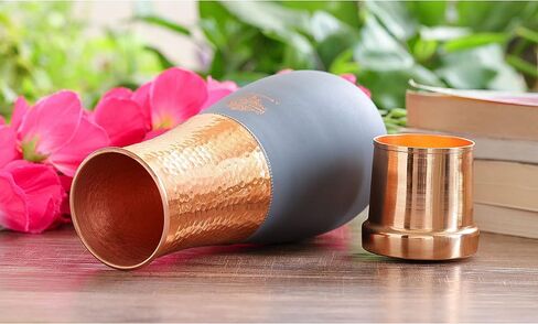 Indian Art Villa Pure Copper Half Hammered and Green Silk Finish Vase Shape Bedroom Bottle, Volume- 48 Oz in Saudi Arabia