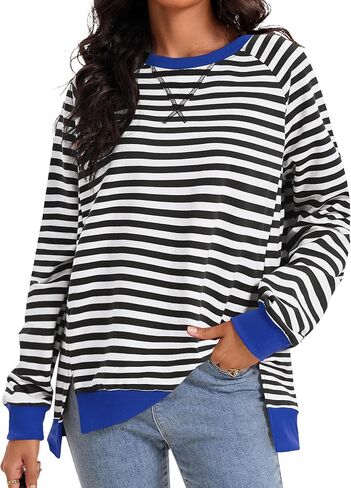 Womens Split Hem Striped Oversized Sweatshirt Color Block Crewneck Casual Loose Shirt Pullover Tops Fall Fashion 2024 in Saudi Arabia