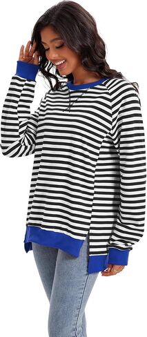 Womens Split Hem Striped Oversized Sweatshirt Color Block Crewneck Casual Loose Shirt Pullover Tops Fall Fashion 2024 in Saudi Arabia