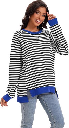 Womens Split Hem Striped Oversized Sweatshirt Color Block Crewneck Casual Loose Shirt Pullover Tops Fall Fashion 2024 in Saudi Arabia