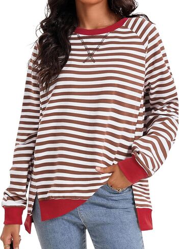 Womens Split Hem Striped Oversized Sweatshirt Color Block Crewneck Casual Loose Shirt Pullover Tops Fall Fashion 2024 in Saudi Arabia