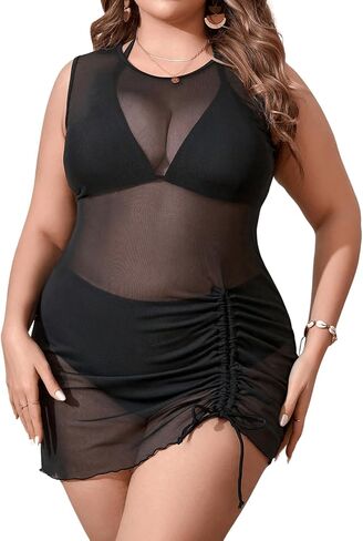 MakeMeChic Women's Plus Size 3 Piece High Waist Bikini Sets Halter Swimsuit with Mesh Cover Up in Saudi Arabia