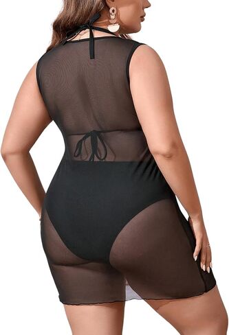 MakeMeChic Women's Plus Size 3 Piece High Waist Bikini Sets Halter Swimsuit with Mesh Cover Up in Saudi Arabia