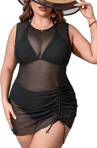 MakeMeChic Women's Plus Size 3 Piece High Waist Bikini Sets Halter Swimsuit with Mesh Cover Up in Saudi Arabia