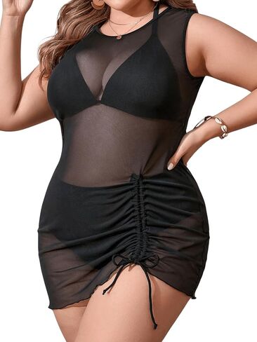 MakeMeChic Women's Plus Size 3 Piece High Waist Bikini Sets Halter Swimsuit with Mesh Cover Up in Saudi Arabia