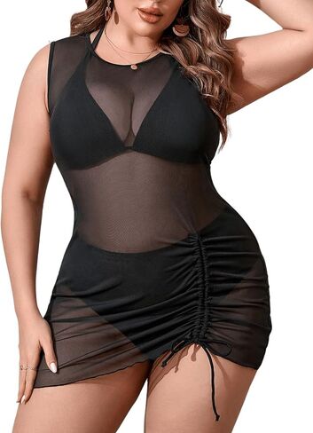 MakeMeChic Women's Plus Size 3 Piece High Waist Bikini Sets Halter Swimsuit with Mesh Cover Up in Saudi Arabia