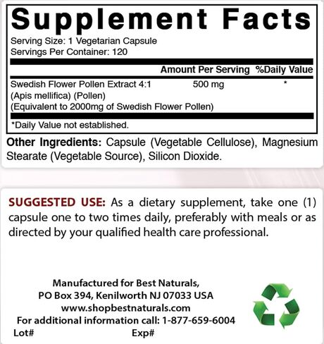 Best Naturals Swedish Flower Pollen 2000 mg Equivalent Per Serving- 120 Capsules in Kuwait