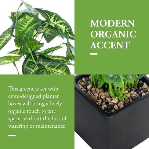 MyGift Modern Trio of Artificial Assorted Green Leaf Plants Potted in Black Ceramic 3-Inch Square Pots, Small Faux Foliage Indoor Tabletop Houseplants, 3 Piece Set in Saudi Arabia