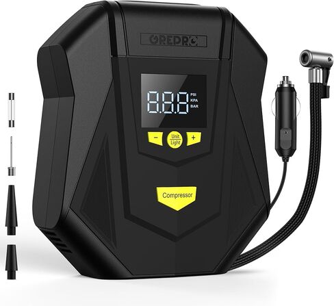 GREPRO Tire Inflator Portable Air Compressor, DC 12V Air Pump for Car Tires, 150PSI Digital Electric Tire Pump with Pressure Gauge, Auto Shutoff Function, LED Light for Car Tires, Motorcycle, Bicycle in Saudi Arabia