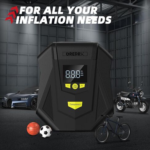 GREPRO Tire Inflator Portable Air Compressor, DC 12V Air Pump for Car Tires, 150PSI Digital Electric Tire Pump with Pressure Gauge, Auto Shutoff Function, LED Light for Car Tires, Motorcycle, Bicycle in Saudi Arabia
