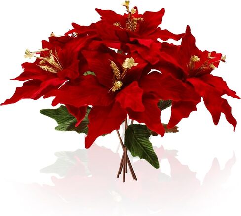 Poinsettia Flowers Artificial 6 Pack Glitter Red Velvet Christmas Flowers, Artificial Poinsettia Christmas Decorations, Christmas Flowers Artificial for Christmas Tree Ornaments Wreath Garland Decor in Kuwait