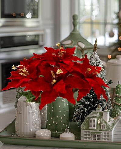Poinsettia Flowers Artificial 6 Pack Glitter Red Velvet Christmas Flowers, Artificial Poinsettia Christmas Decorations, Christmas Flowers Artificial for Christmas Tree Ornaments Wreath Garland Decor in Kuwait
