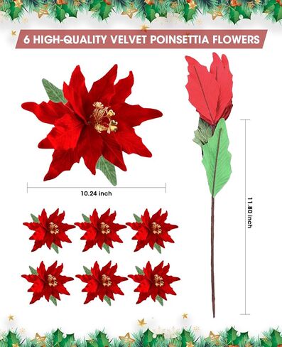 Poinsettia Flowers Artificial 6 Pack Glitter Red Velvet Christmas Flowers, Artificial Poinsettia Christmas Decorations, Christmas Flowers Artificial for Christmas Tree Ornaments Wreath Garland Decor in Kuwait
