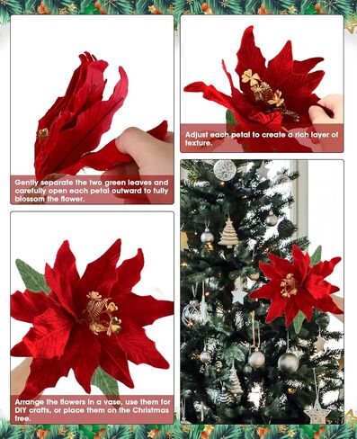 Poinsettia Flowers Artificial 6 Pack Glitter Red Velvet Christmas Flowers, Artificial Poinsettia Christmas Decorations, Christmas Flowers Artificial for Christmas Tree Ornaments Wreath Garland Decor in Kuwait