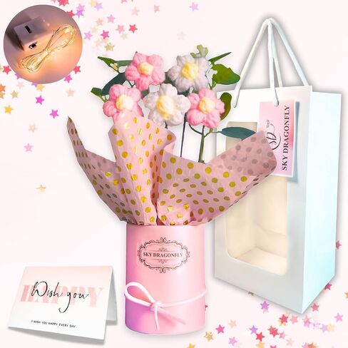 Pink Crochet Flowers Bouquet Small: Knitted Flowers Gifts for Mom, Daughter, Teacher, Grandma, Handmade Crochet Flowers with Card in Packaging, Artificial Flowers for Decoration, Fake Flowers Daisy in Saudi Arabia