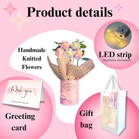 Pink Crochet Flowers Bouquet Small: Knitted Flowers Gifts for Mom, Daughter, Teacher, Grandma, Handmade Crochet Flowers with Card in Packaging, Artificial Flowers for Decoration, Fake Flowers Daisy in Saudi Arabia