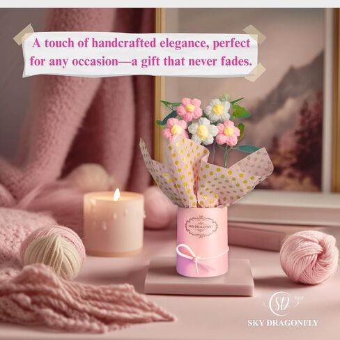 Pink Crochet Flowers Bouquet Small: Knitted Flowers Gifts for Mom, Daughter, Teacher, Grandma, Handmade Crochet Flowers with Card in Packaging, Artificial Flowers for Decoration, Fake Flowers Daisy in Saudi Arabia