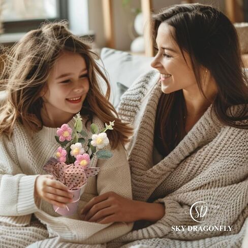 Pink Crochet Flowers Bouquet Small: Knitted Flowers Gifts for Mom, Daughter, Teacher, Grandma, Handmade Crochet Flowers with Card in Packaging, Artificial Flowers for Decoration, Fake Flowers Daisy in Saudi Arabia