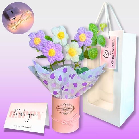 Pink Crochet Flowers Bouquet Small: Knitted Flowers Gifts for Mom, Daughter, Teacher, Grandma, Handmade Crochet Flowers with Card in Packaging, Artificial Flowers for Decoration, Fake Flowers Daisy in Saudi Arabia