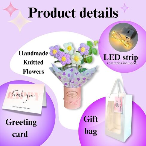Pink Crochet Flowers Bouquet Small: Knitted Flowers Gifts for Mom, Daughter, Teacher, Grandma, Handmade Crochet Flowers with Card in Packaging, Artificial Flowers for Decoration, Fake Flowers Daisy in Saudi Arabia