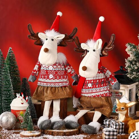 Liliful 2 Pcs Christmas Reindeers Shelf Sitters with Dangling Legs, Christmas Elk Plush Sitting Ornaments Elk Stuffed Dolls for Table Home Mantel Desk Fireplace Xmas Holiday Indoor Gifts Decorations in Saudi Arabia