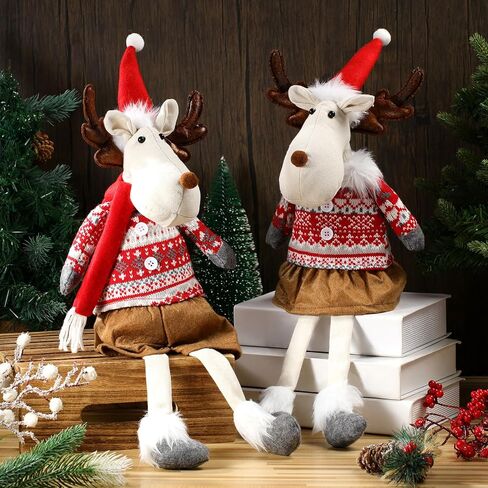 Liliful 2 Pcs Christmas Reindeers Shelf Sitters with Dangling Legs, Christmas Elk Plush Sitting Ornaments Elk Stuffed Dolls for Table Home Mantel Desk Fireplace Xmas Holiday Indoor Gifts Decorations in Saudi Arabia
