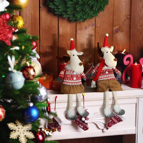 Liliful 2 Pcs Christmas Reindeers Shelf Sitters with Dangling Legs, Christmas Elk Plush Sitting Ornaments Elk Stuffed Dolls for Table Home Mantel Desk Fireplace Xmas Holiday Indoor Gifts Decorations in Saudi Arabia