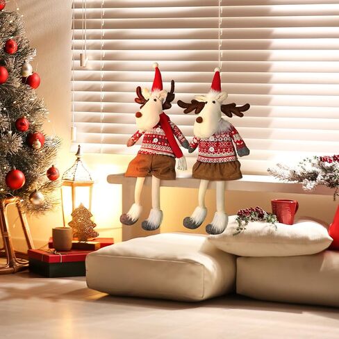 Liliful 2 Pcs Christmas Reindeers Shelf Sitters with Dangling Legs, Christmas Elk Plush Sitting Ornaments Elk Stuffed Dolls for Table Home Mantel Desk Fireplace Xmas Holiday Indoor Gifts Decorations in Saudi Arabia