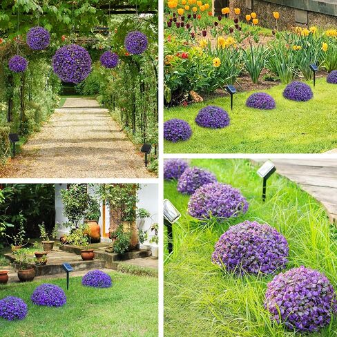 Purple Mini Artificial Boxwood Grass Hemispheres with Solar Lights (10-8-7 inches Dia)-Enhance Your Garden's Twilight Ambiance in Saudi Arabia