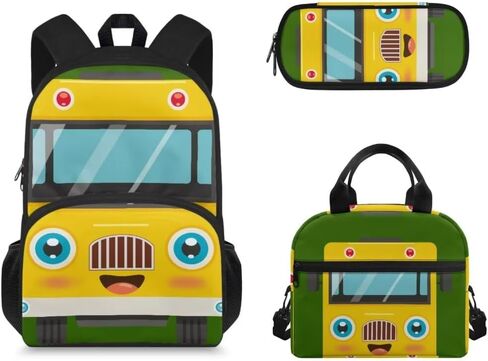 3 in 1 Cartoon School Bus Backpack for Girls Boys Teens Durable Fashion School Bag Insulated Lunchbox Portable Pencil Case for Elementary School in Kuwait