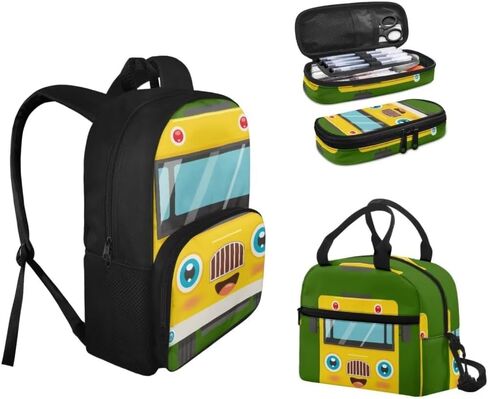 3 in 1 Cartoon School Bus Backpack for Girls Boys Teens Durable Fashion School Bag Insulated Lunchbox Portable Pencil Case for Elementary School in Kuwait