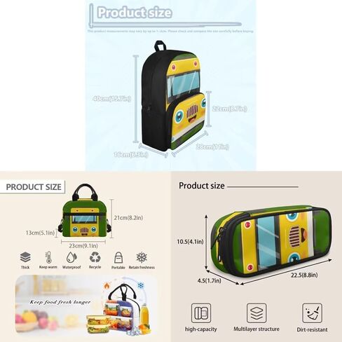 3 in 1 Cartoon School Bus Backpack for Girls Boys Teens Durable Fashion School Bag Insulated Lunchbox Portable Pencil Case for Elementary School in Kuwait