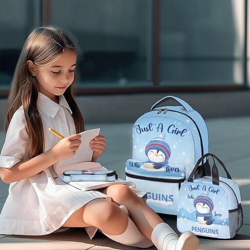 حقيبة ظهر Penguin مع صندوق غداء للفتيات والأولاد، مجموعة حقائب ظهر للمدرسة الابتدائية 3 في 1، سعة كبيرة، متينة، خفيفة الوزن، حقيبة كتب زرقاء وحزمة مقلمة in Saudi Arabia