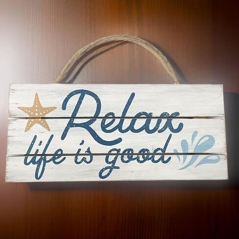 مجموعة Bridge "Relax, Life Is Good" ديكور جداري معلق على الشاطئ على شكل نجم البحر - ديكورات خشبية للشاطئ للحمام المنزلي، ديكور ساحلي، بحري in Kuwait