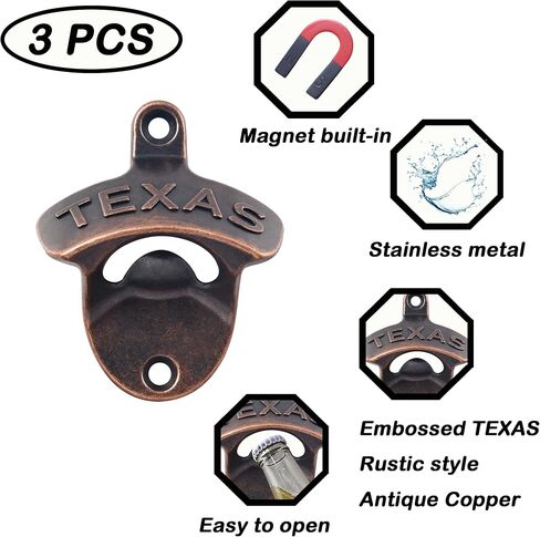 Magnetic Bottle Cap Opener Wall Mounted Beer Opener with Magnets Embedded, Antique Copper TEXAS Bottle Top Opener Wooden Caddy Mounted Gifts (3 Packs) in Saudi Arabia