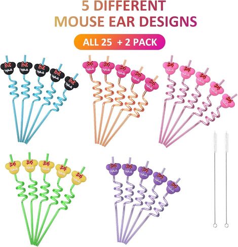 Lidmada 25Pcs Mouse Ear Party Favors Straws with 2 Cleaning Brushes Reusable 5 Designs Straws Great for Mickey theme Birthday Party Supplies Gifts for Kids in Kuwait