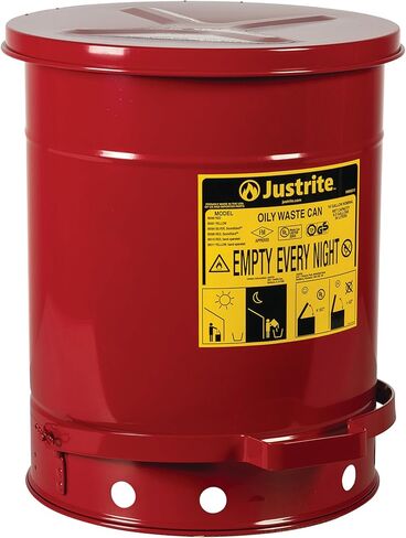 Justrite 21 Gallon Galvanized Steel Oily Waste Can, 23.5" x 18" Metal Oil Rag Safety Can with Quiet Foot Operated Self-Closing Lid for Oil Rag Disposal, Made in The USA, Red, 09708 in Saudi Arabia