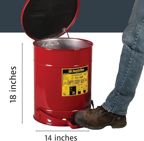 Justrite 21 Gallon Galvanized Steel Oily Waste Can, 23.5" x 18" Metal Oil Rag Safety Can with Quiet Foot Operated Self-Closing Lid for Oil Rag Disposal, Made in The USA, Red, 09708 in Saudi Arabia