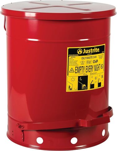 Justrite 21 Gallon Galvanized Steel Oily Waste Can, 23.5" x 18" Metal Oil Rag Safety Can with Quiet Foot Operated Self-Closing Lid for Oil Rag Disposal, Made in The USA, Red, 09708 in Saudi Arabia