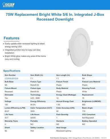 Feit Electric 6" LED Canless Adjustable Recessed Downlights with Integrated J-Box, 65W Equivalent, Dimmable, 5CCT Selectable White, 90 CRI, 850 Lumens, 4 Pack, LEDR6XT/ADJ/6WYCA/4 in Kuwait