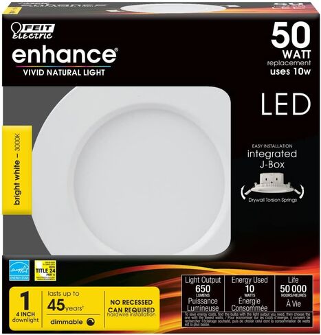 مصابيح LED كهربائية مقاس 6 بوصات من Feit Electric قابلة للتعديل مع صندوق J مدمج، ما يعادل 65 وات، قابلة للتعتيم، 5CCT أبيض قابل للاختيار، 90 CRI، 850 لومن، 4 عبوات، LEDR6XT/ADJ/6WYCA/4 in Kuwait