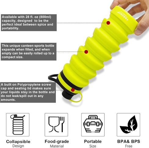 Collapsible Water Bottle for Outdoor, Travel, Gym, Sports Water Bottle with Leak Proof Screw Cap, Silicone Water Bottle, BPA Free, 28 oz/ 800ml in Saudi Arabia