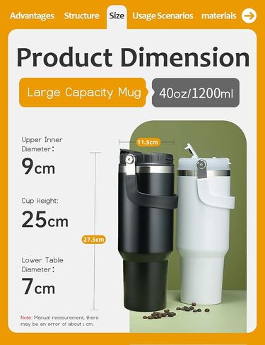 40 oz Tumbler with Handle and Flip Straw, Water Bottle Fits in Cup Holder, Coffee Bottle Water Bottle Stainless Steel with Lids, Leakproof, for Home, Office, Ice Drink, Hot Beverage in Saudi Arabia