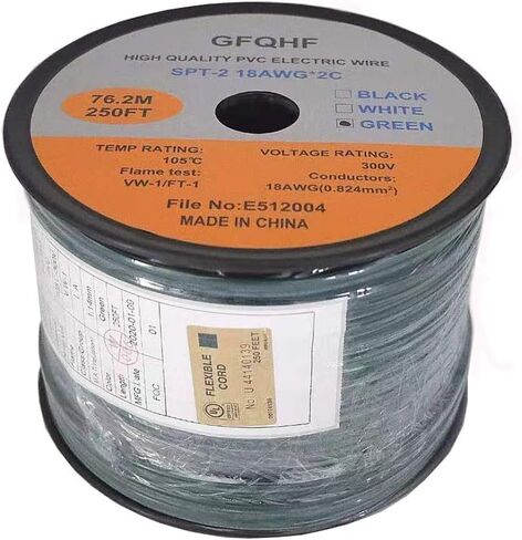 250FT أخضر SPT-2 سلك سلك بسحاب 18/2 كابل كهربائي تمديد، سلك قياس 18 مدرج في UL، يعمل مع قابس مصاص الدماء SPT-2 in Saudi Arabia
