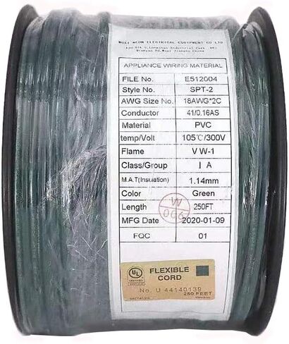 250FT أخضر SPT-2 سلك سلك بسحاب 18/2 كابل كهربائي تمديد، سلك قياس 18 مدرج في UL، يعمل مع قابس مصاص الدماء SPT-2 in Saudi Arabia