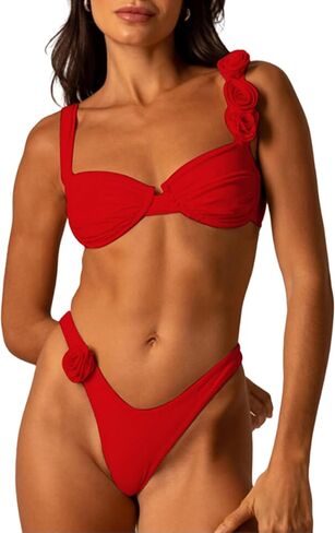 Women's 2 Piece Rose Floral Appliques Bikini Set Elegant Ruched Underwire Swimsuit High Cut Bathing Suit in Saudi Arabia