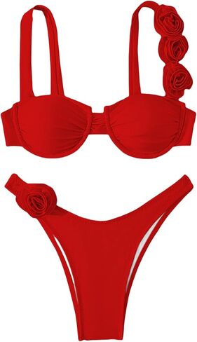 Women's 2 Piece Rose Floral Appliques Bikini Set Elegant Ruched Underwire Swimsuit High Cut Bathing Suit in Saudi Arabia